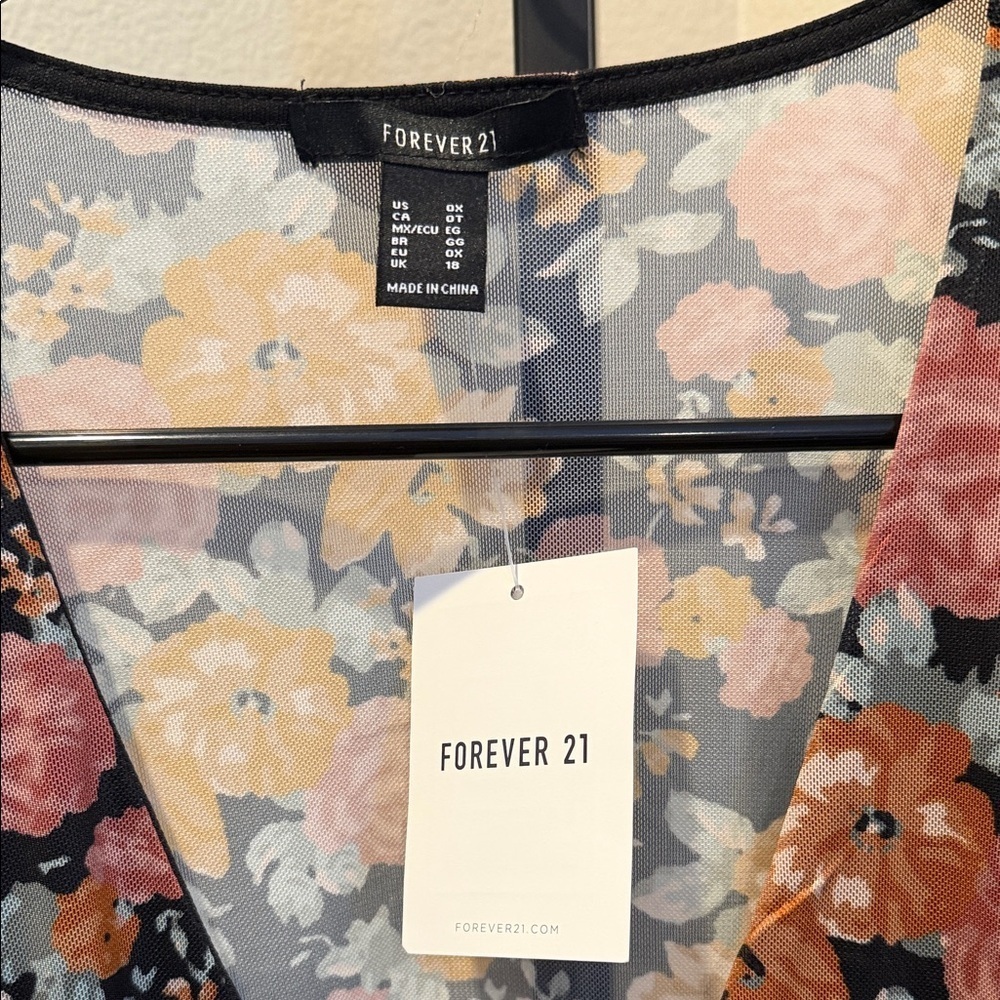 Forever 21 Floral sheer V-Neck Blouse - Black and Orange - Picture 2 of 4